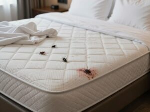 Hotel room affected by bed bug infestation with bedding and visible bites