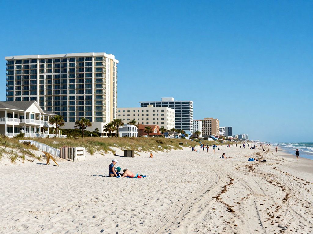 View of Myrtle Beach hotels with a sunny beach backdrop