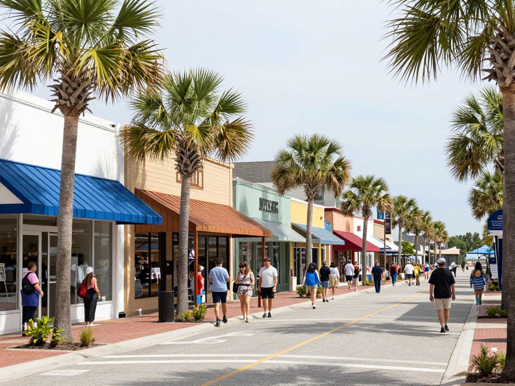 People shopping in a vibrant Myrtle Beach local shopping district.