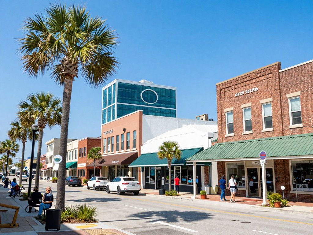 A bustling street in Myrtle Beach with small businesses and entrepreneurs.