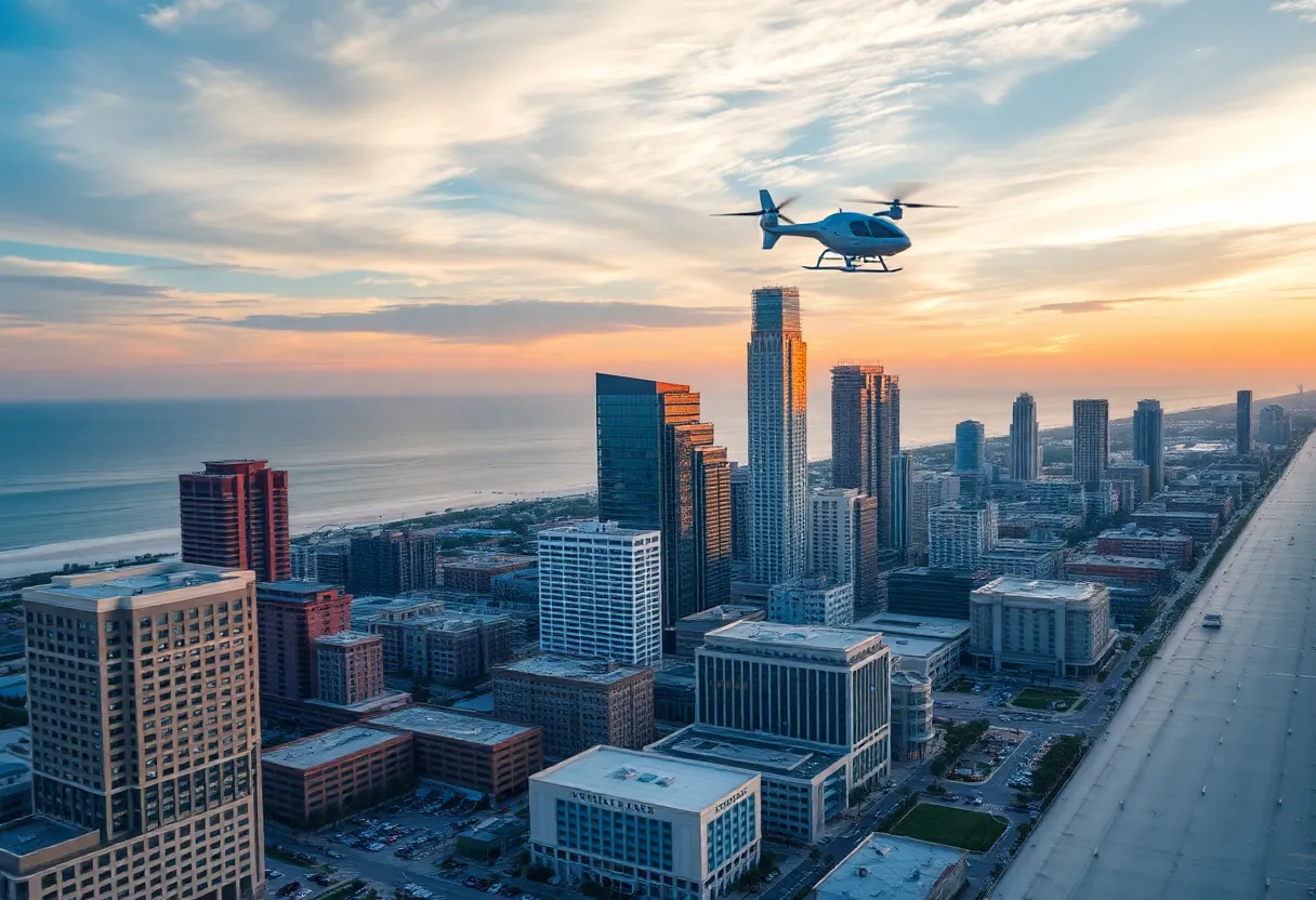 Skyline of Myrtle Beach with eVTOL aircraft in the background