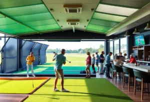 Interior view of Net Par Shallotte showcasing high-tech golf simulators and social areas.