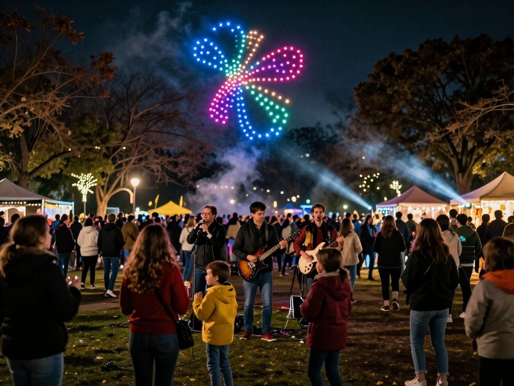 Families enjoying New Year's Eve celebration with live music and drone show