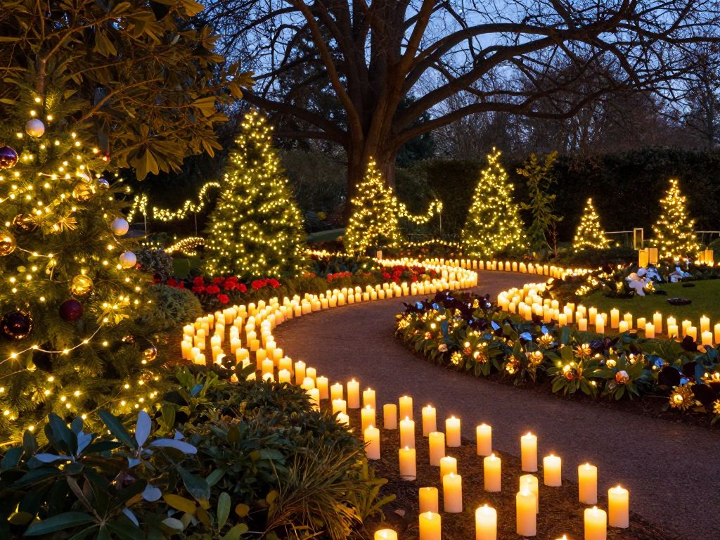 Decorative display of candles and lights at Brookgreen Gardens during the Nights of a Thousand Candles event