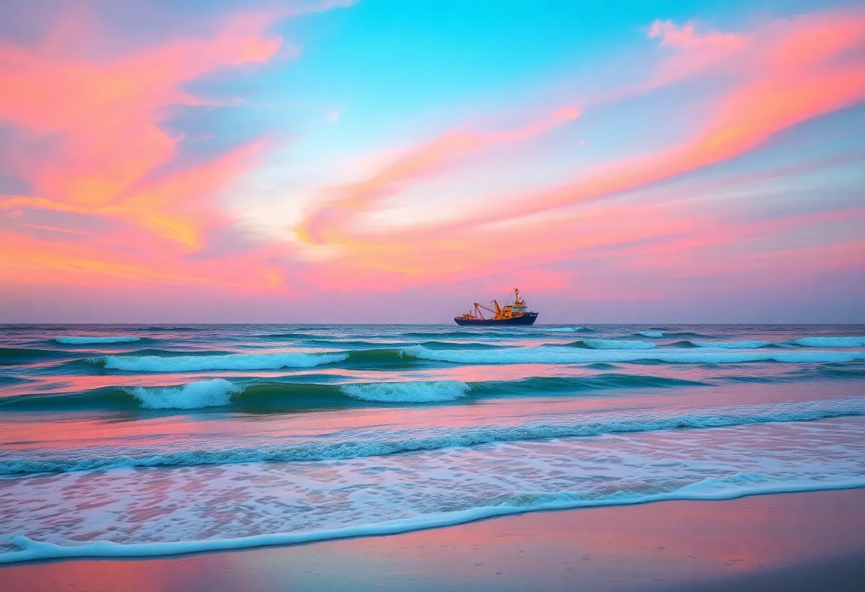 A dredging boat offshore at North Myrtle Beach during beach renourishment.