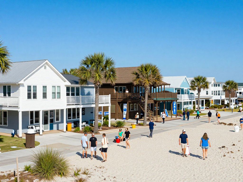 Coastal view of North Myrtle Beach with tourists and local businesses.