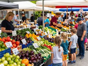 A bustling scene at the North Myrtle Beach Farmers Market with vendors and shoppers