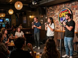 A performer on stage at The Barrel Bar & Grill's Open Mic night, with a cheering audience.