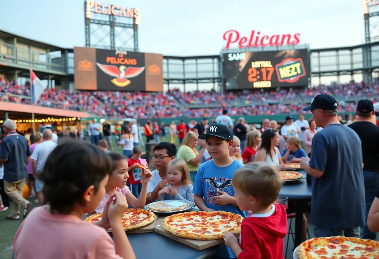 Families enjoying Pizza Palooza II with pizza slices in hand