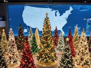 Display of decorated trees representing U.S. states at Ripley's Festival of Trees