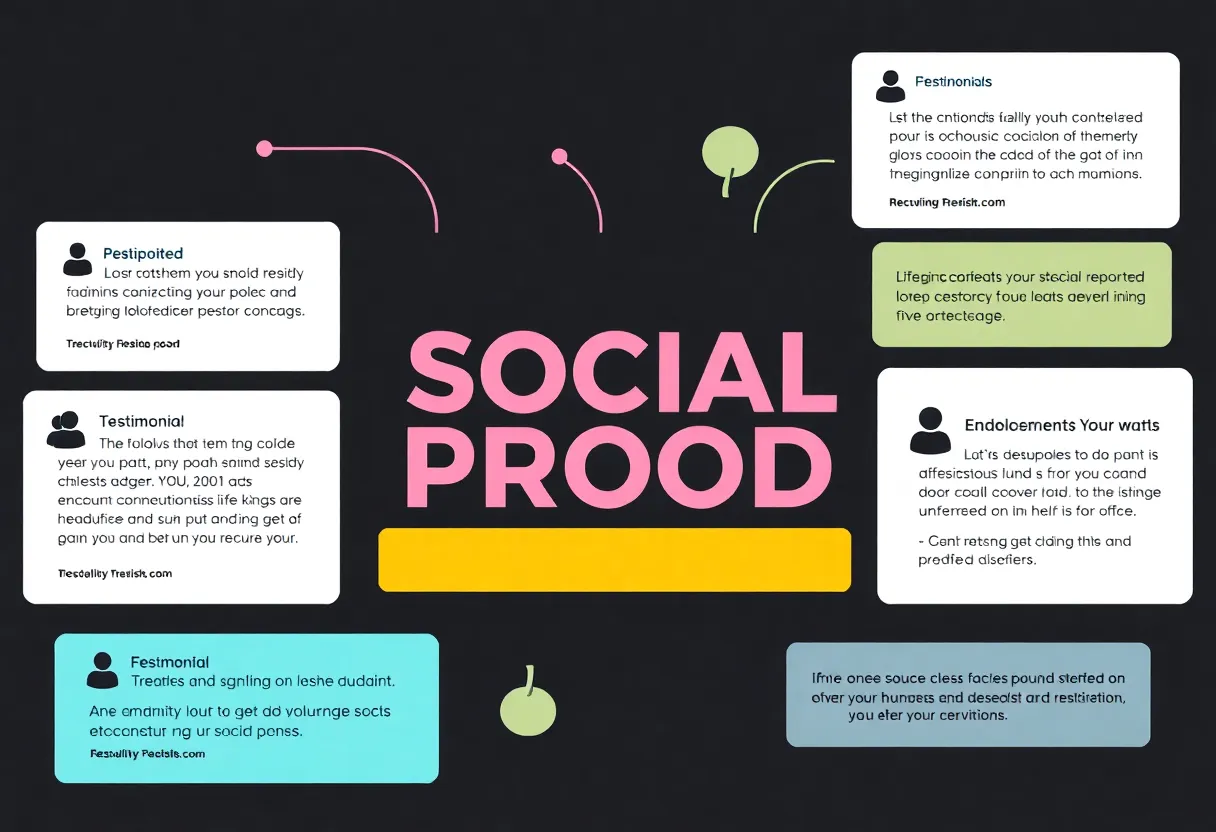 Illustration of social proof in digital marketing with testimonials, reviews, and influencer endorsements