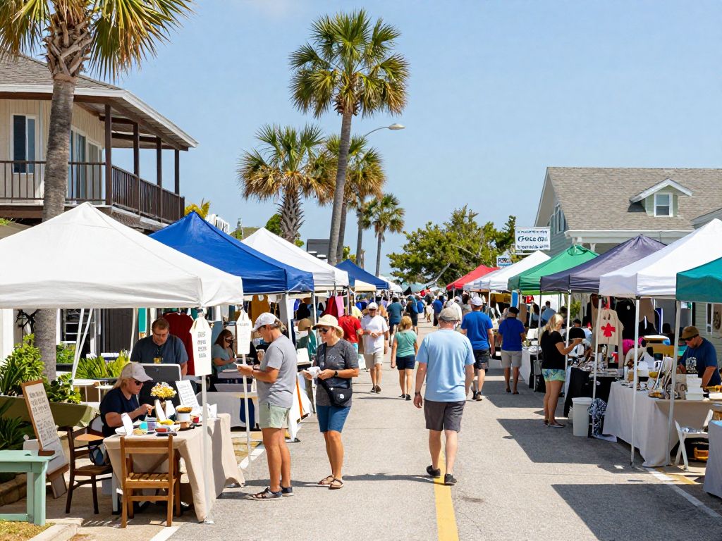 Vibrant local marketplace in Myrtle Beach with shops and stalls.