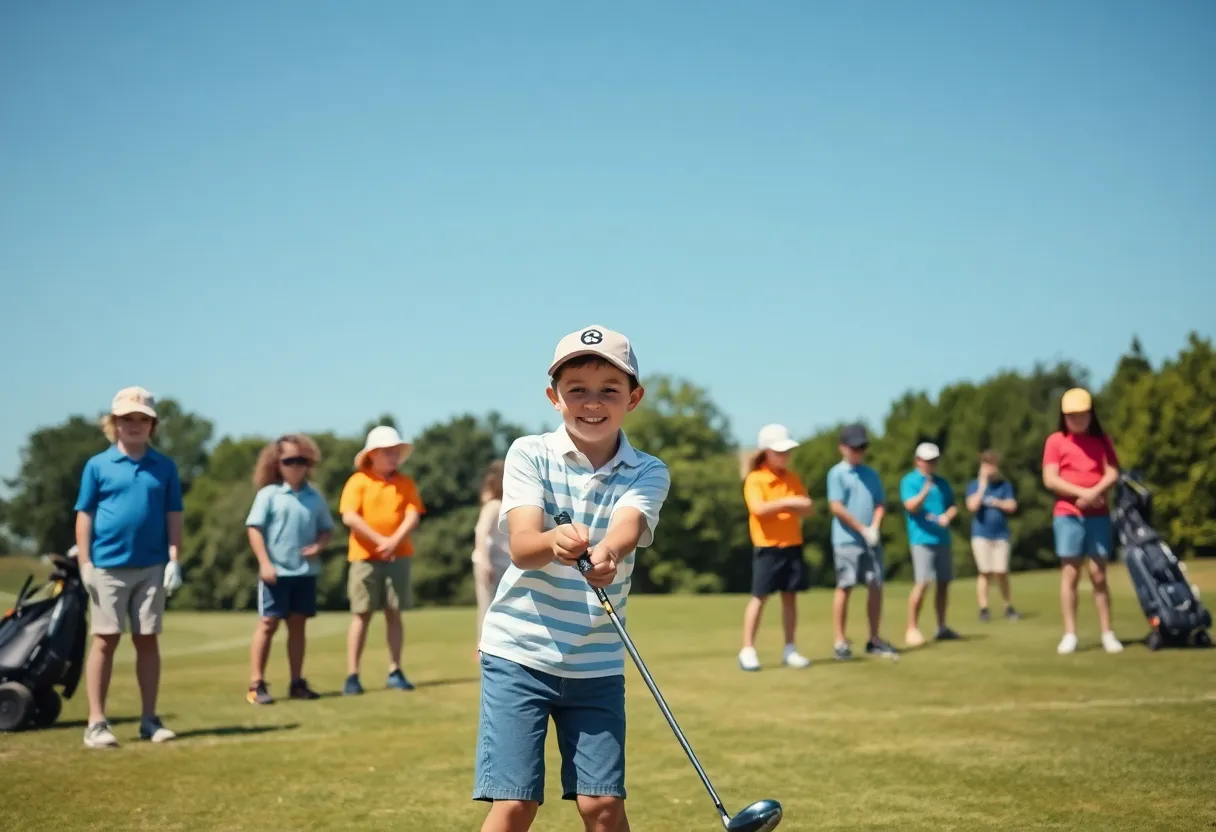 Junior golfers practicing on a sunny golf course.
