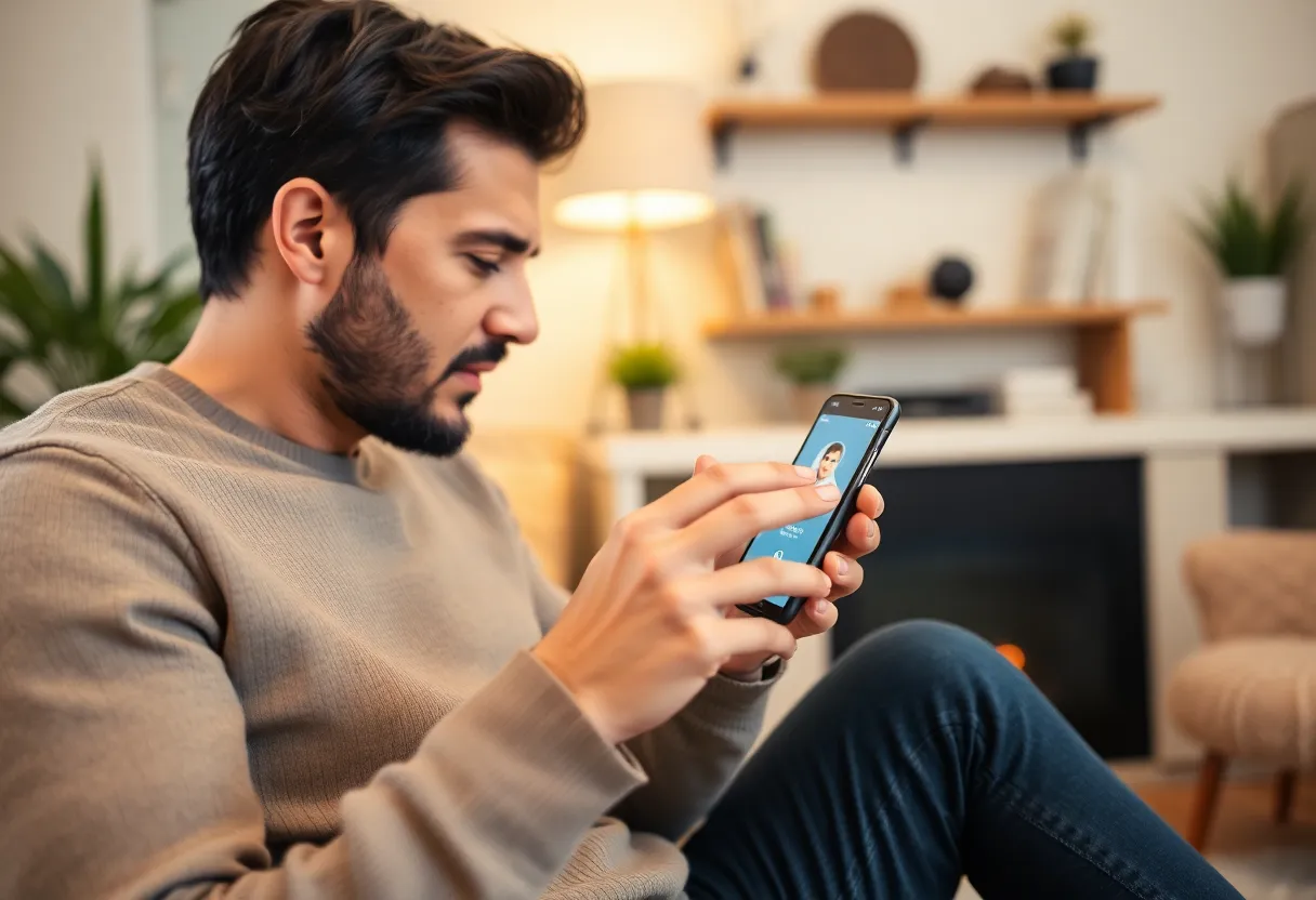 Person using a smartphone voice assistant at home