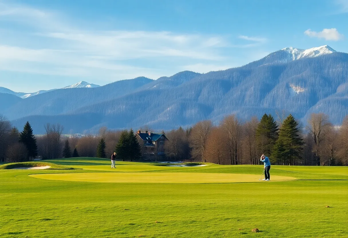 Scenic winter golf course with golfers on the green
