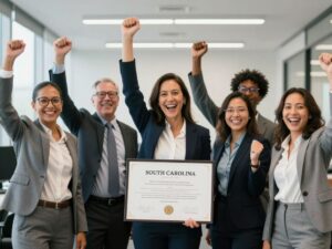 A business team celebrating Bonk Inc.'s Nasdaq compliance in an office