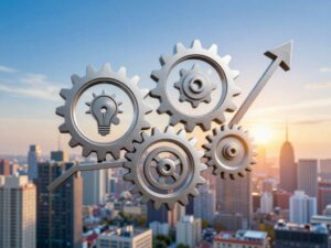 Illustration showing interconnected gears representing business growth and investment in Myrtle Beach.