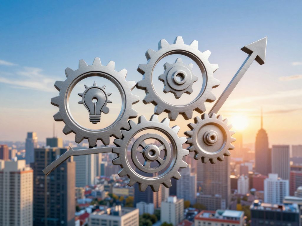 Illustration showing interconnected gears representing business growth and investment in Myrtle Beach.