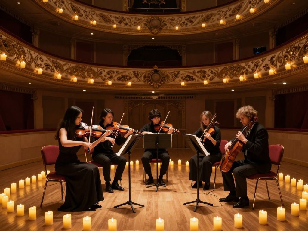 A string quartet performing in a candlelit theater setting.