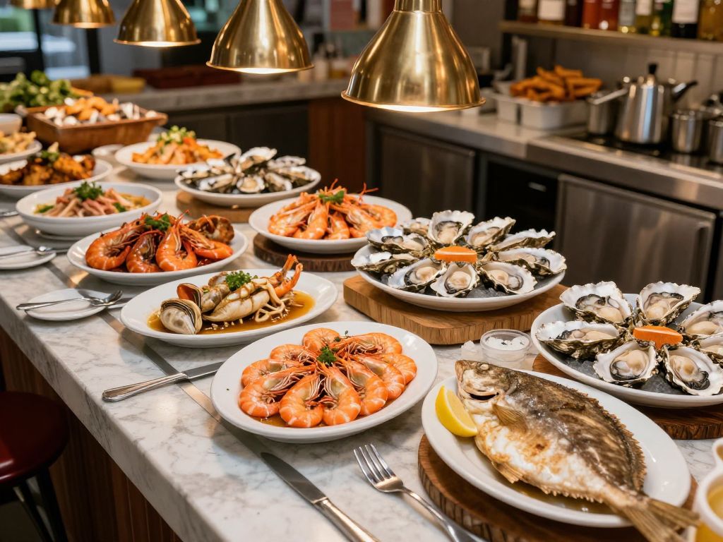 Calabash-style seafood buffet featuring various seafood dishes