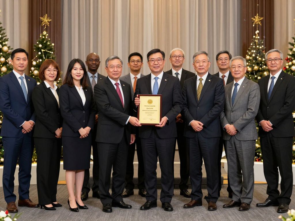 A group of business professionals celebrating an award at a recognition ceremony.