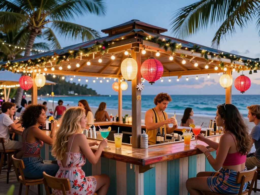 Interior view of Christmas Island Holiday Bar at Margaritaville Myrtle Beach decorated for the holidays.