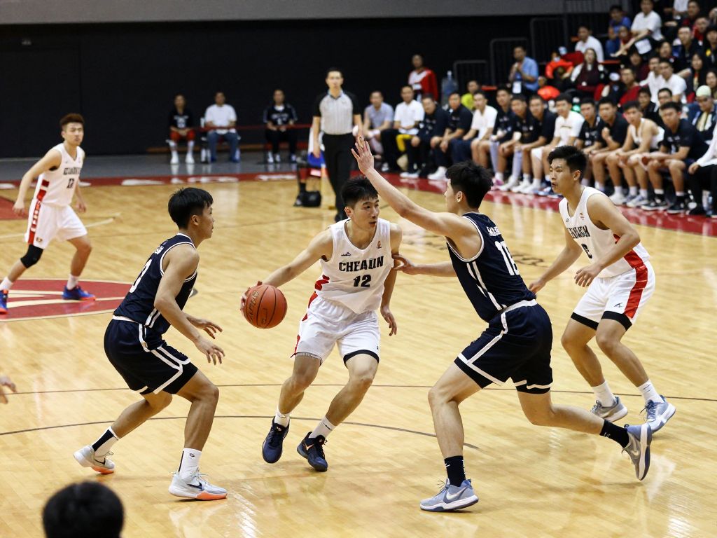 Players from Coastal Carolina and Georgia Southern competing fiercely on the basketball court.
