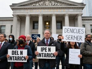 Crowd outside the courthouse holding signs for justice