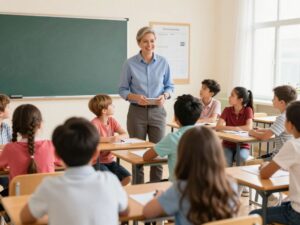 Engaged teachers with students in a classroom