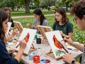 Participants at the Eco-Friendly Art workshop painting cardinals on reclaimed wood pallets.