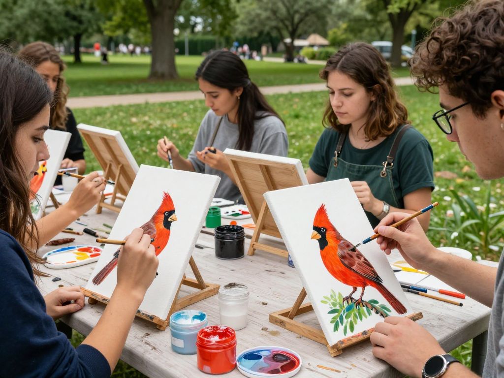 Participants at the Eco-Friendly Art workshop painting cardinals on reclaimed wood pallets.