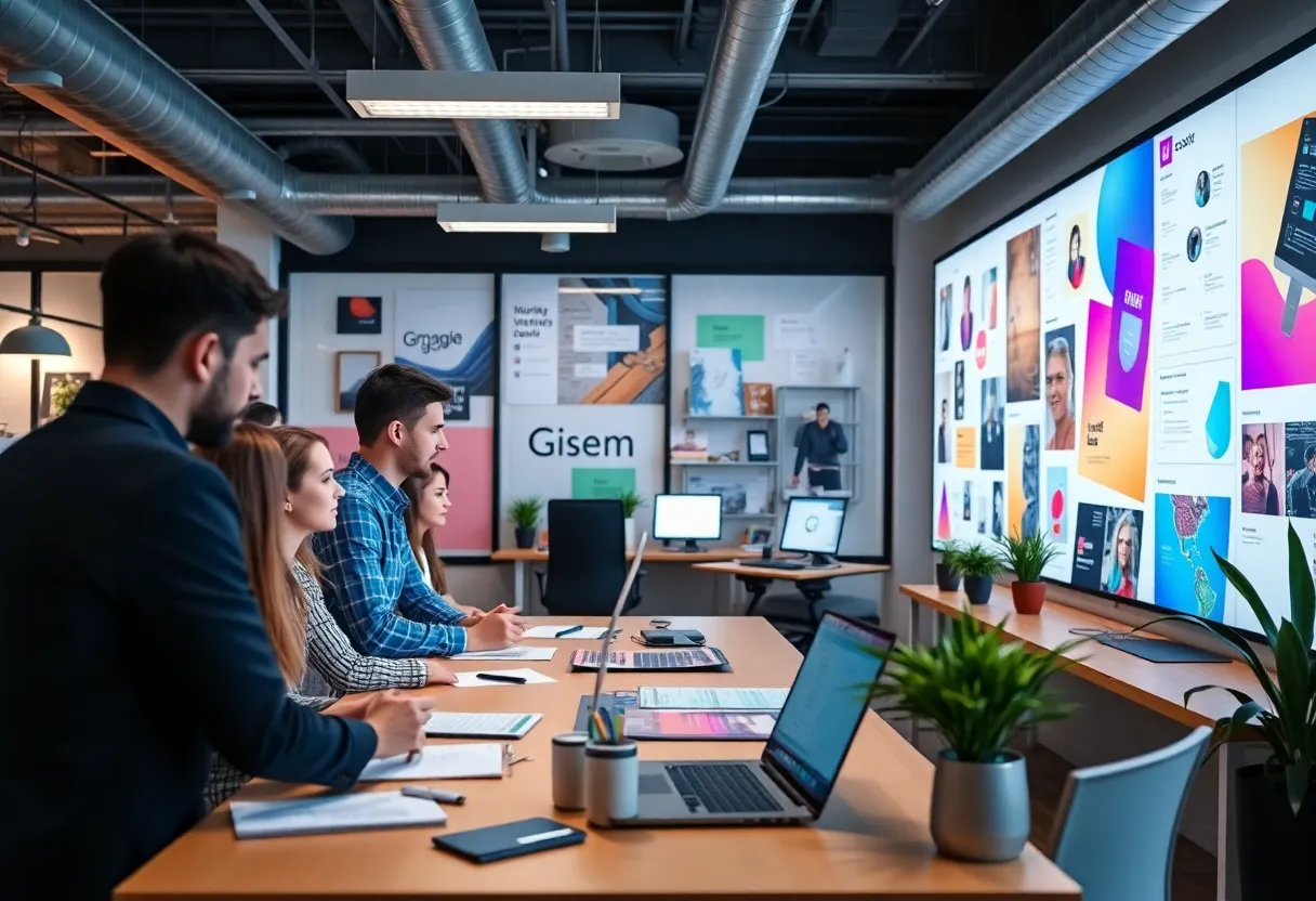 A team brainstorming visual design strategies for digital marketing.