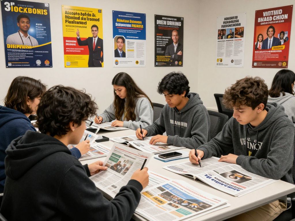 Students working together in a community newspaper office.