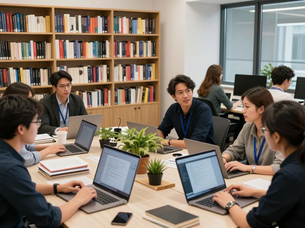 Entrepreneurs collaborating in a modern office environment focused on nonfiction publishing.