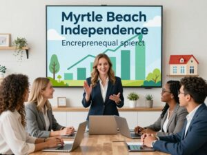 Celebration of financial independence in Myrtle Beach with small business owners and financial advisors.