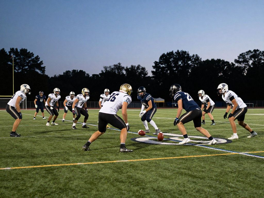 Football practice on a field at dusk