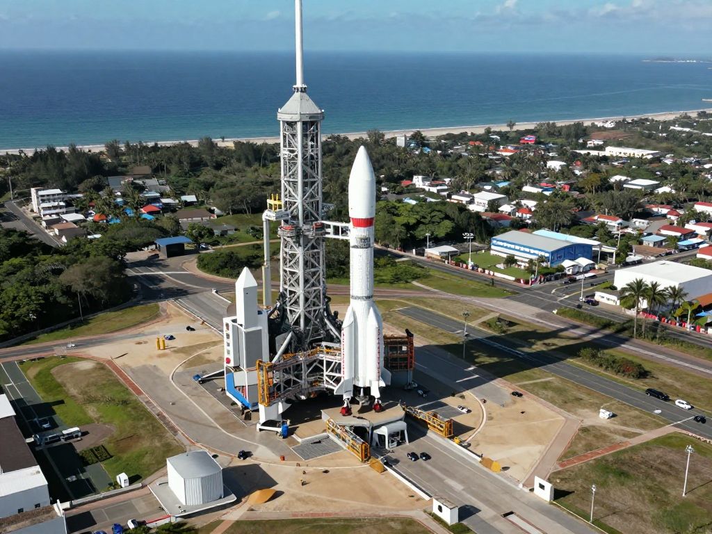 A scenic view of a coastal rocket launch site symbolizing innovation.