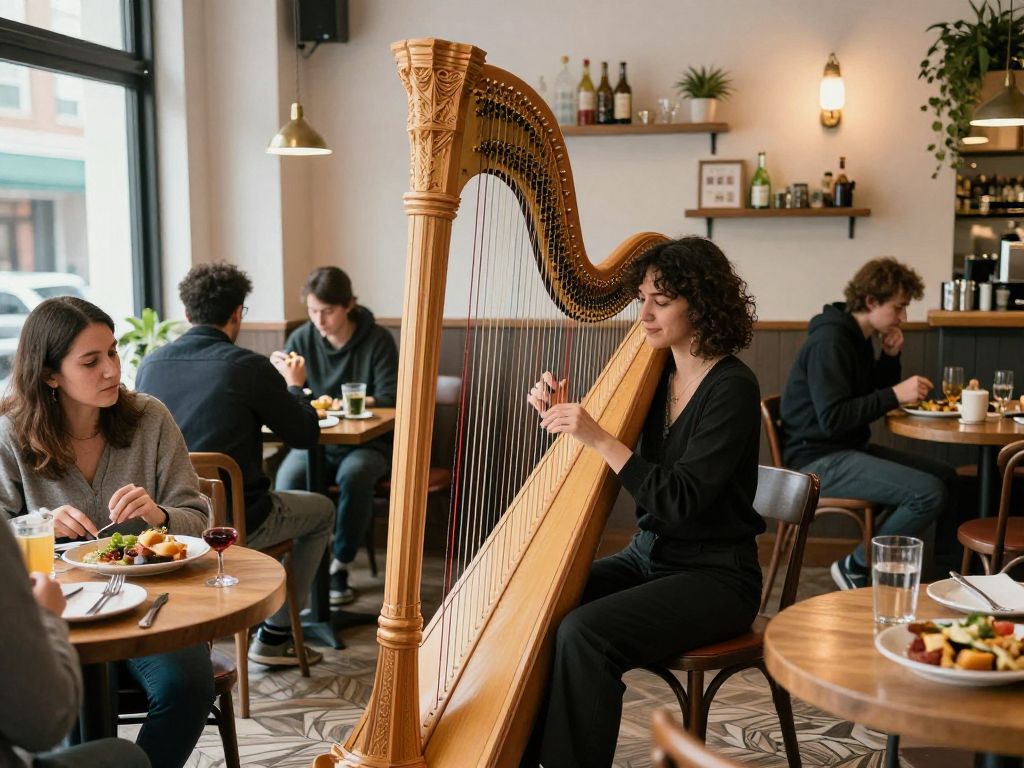 Harpist playing at a cafe during a community event in Myrtle Beach