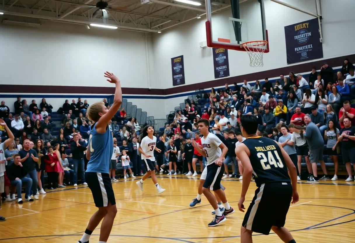 High school basketball game between Hartsville Red Foxes and North Myrtle Beach Chiefs in action.