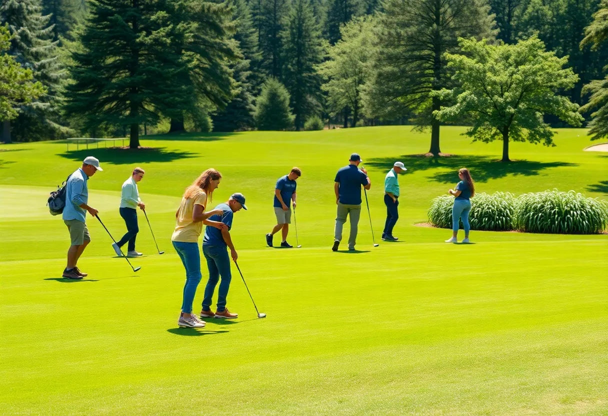 Students practicing turf management on a golf course