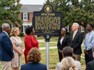 Ceremony for unveiling HGTC historical marker with attendees