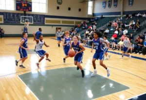 Action shot of high school basketball players competing on the court.