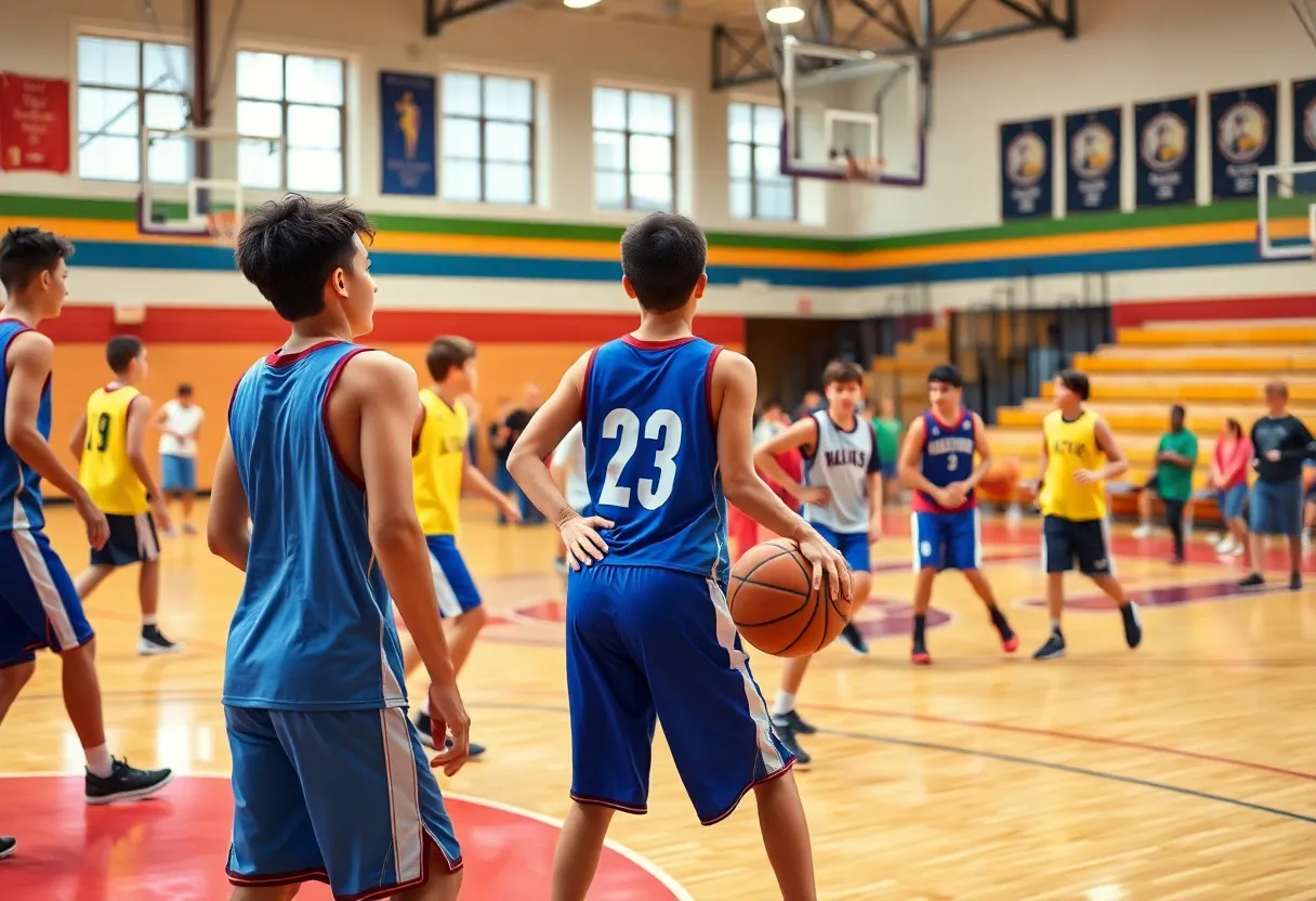 Young athletes competing in high school basketball game