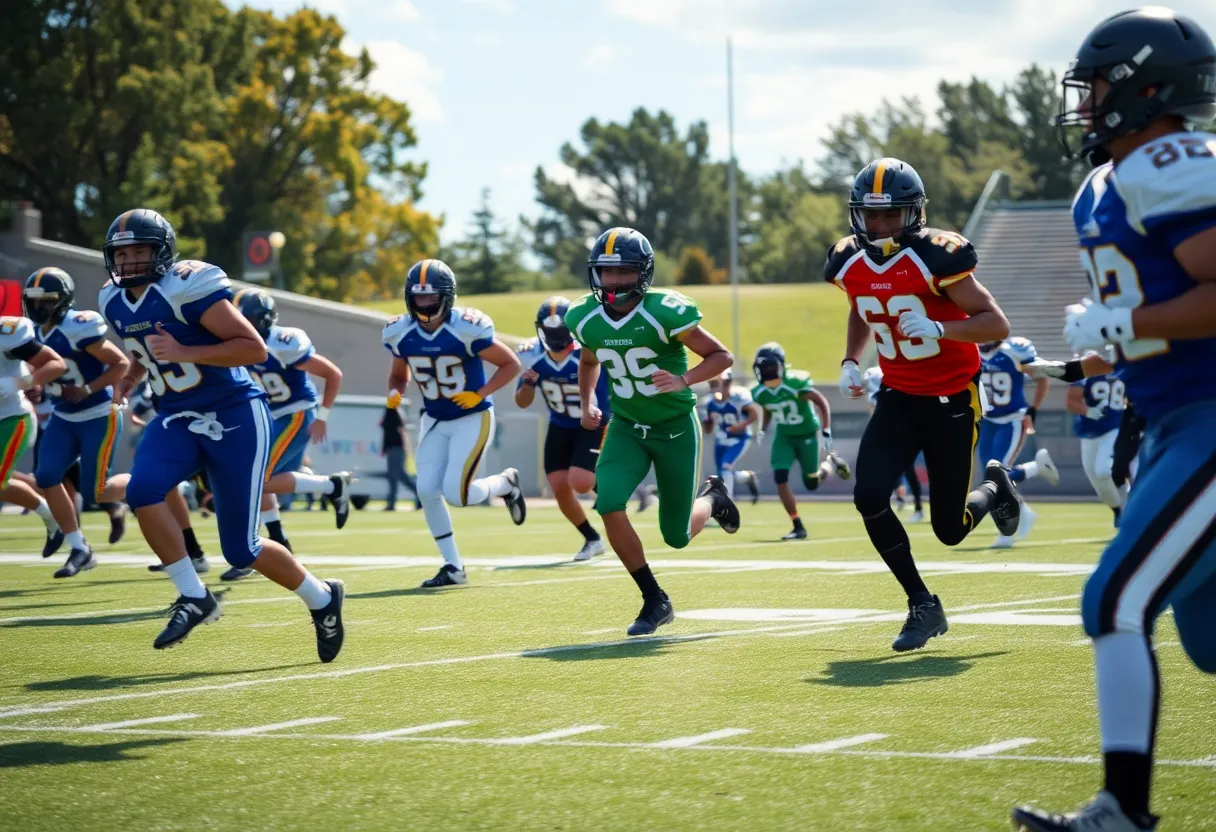 High school football players in action on the field