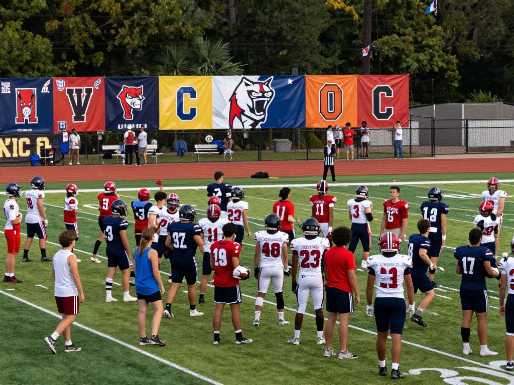 Students engaged in high school football practice on the field