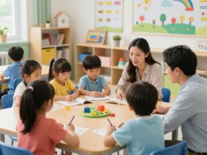 Parents engaging with children in a kindergarten prep classroom