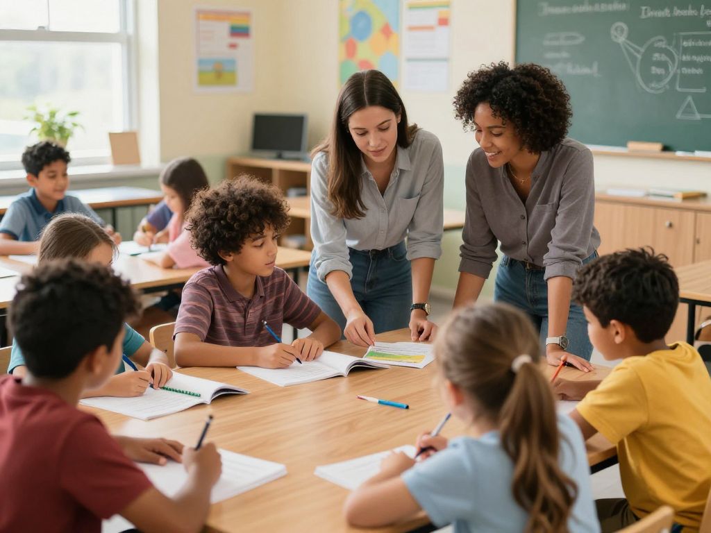 Students engaged in literacy activities in a classroom