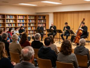 Audience enjoy a jazz concert at Chapin Memorial Library during Jazz in the Stacks event.