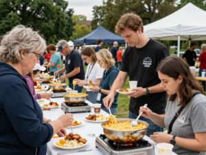 Families enjoying the Macaroni Mania event featuring mac and cheese competition.