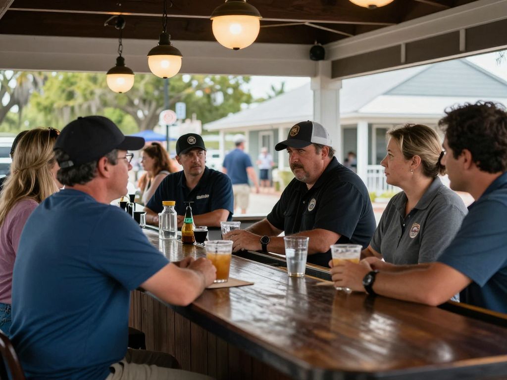 Scene depicting community life in a Murrells Inlet bar setting, reflecting on safety and public interactions.